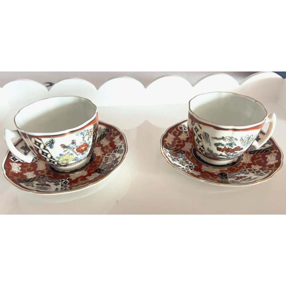 PAIR Japanese GOLD IMARI Tea Cup & Saucer Hand Painted Asian Dinnerware Birds